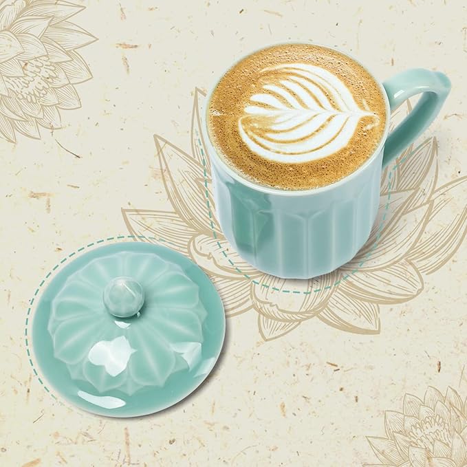 Porcelain Lotus Tea Cup with Lid and Handle, 12 oz Unique Coffee Mug, Microwave Dishwasher Safe, Gifts for Women and Men, Aesthetic Chinese Celadon 1 Pack (Sky Blue)
