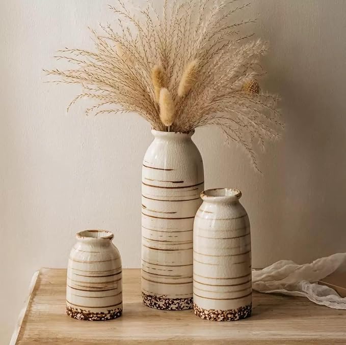 Rustic Ceramic Vase Set of 3 - Beige Rustic Vases for Flowers,Farmhouse Flower Vases for Home Decor,Small Decorative Vase Set for Living Room,Table Shelf,Centerpieces and Fireplace Decorations