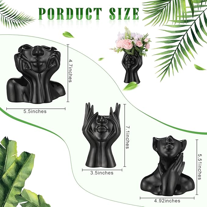 Sieral 3 Pcs Ceramic Face Vase Female Form Flower Modern Body Vase for Decor with Head Half Body Bust Centerpiece for Table Shelf Home Bedroom Room Office(Small,Black)