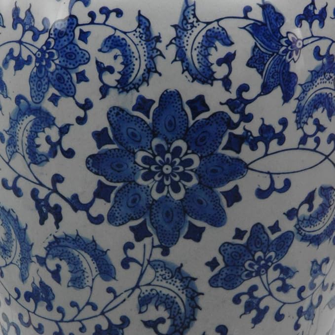 Red Lantern 14" Floral Blue & White Porcelain Tung Chi Vase