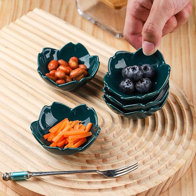 WHJY Dark Green Cherry Blossom Dish Set, Cute Pink Ceramic Plates, Sauce/Seasoning Dish, Sushi Dishes, Soy Dipping Bowl, Dessert, Appetizer Plates, Serving Dish for Kitchen Home – Set of 5