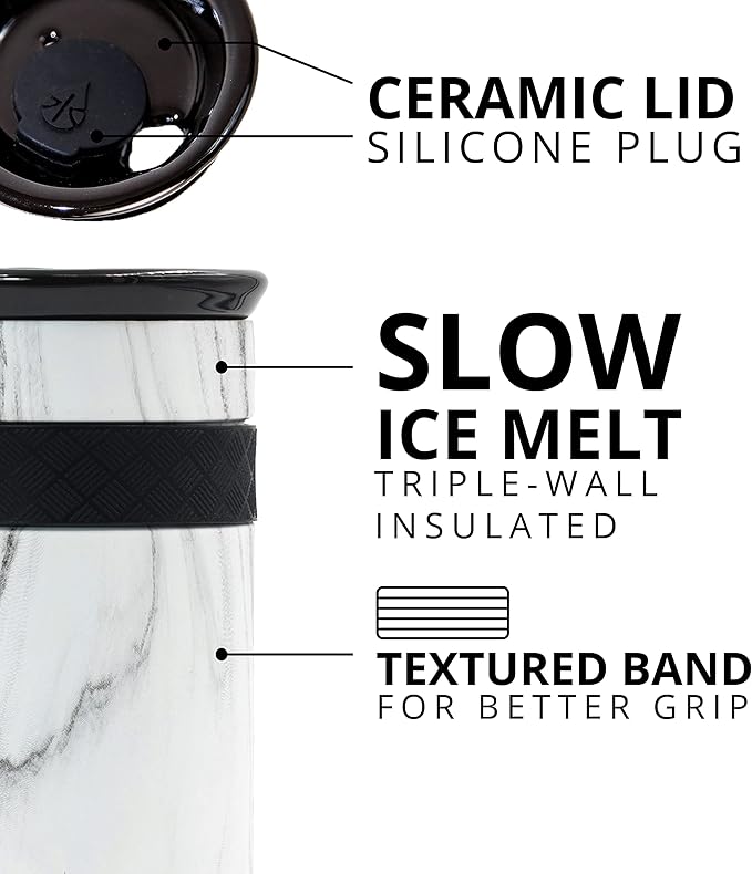 Elemental Artisan Insulated Tumbler, Triple Wall Coffee Travel Mug, Reusable Stainless Steel Coffee Tumbler with Ceramic Lid, Thermal Coffee Cups for Hot (6 Hrs) & Cold (18 Hrs), 12oz - White Marble