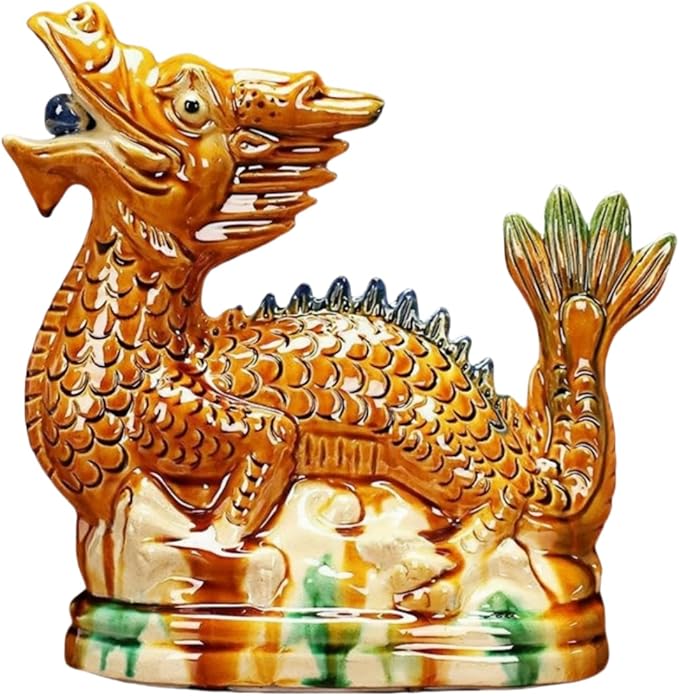 Handmade Ceramic Animal Statue Ceramic Zodiac Dragon Sculpture Asian Feng Shui Ornaments Symbolize Power and Nobility Tri-Color Yellow