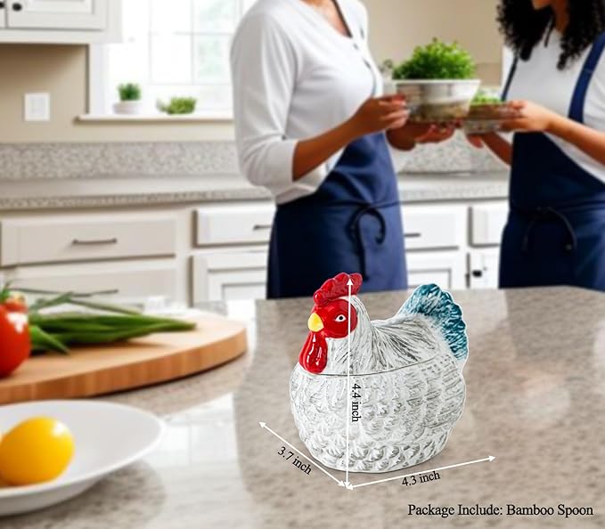 Hen Shaped Salt Container For Countertop Salt Cellar With Bamboo Spoon,Sugar Bowl With Lid,Ceramic Spice Storage Canisters With Lid, Colorful Farmhouse Kitchen Countertop Decor
