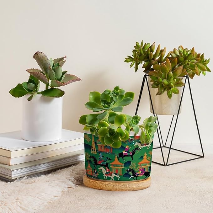 Bright Emerald Green Planters Ceramic Chinoiserie Decor Round Plant Pot with Drainage Holes and Bamboo Tray Pot for Outdoor Garden Home Plant
