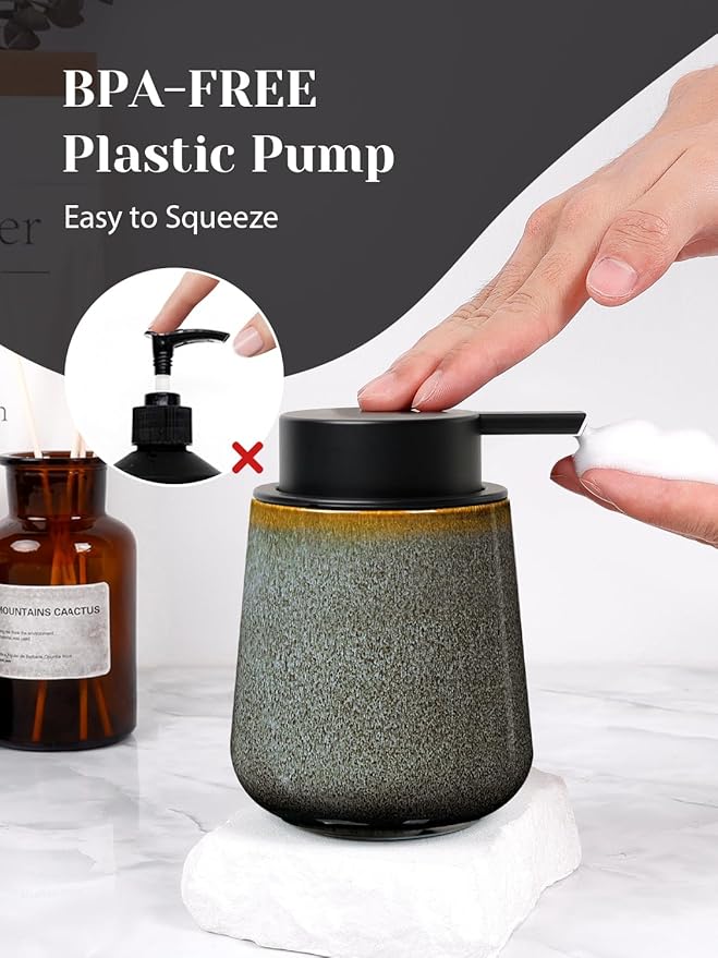 INGOFIN Ceramic Foaming Soap Dispenser -12oz Foam Hand Soap Dispenser Bathroom, Modern Refillable Dish Wash Soap Bottle for Kitchen with Large Pump -Kiln-Glazed Green