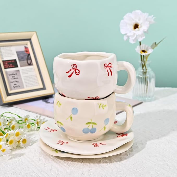 Koythin Ceramic Coffee Mug with Saucer Set, Cute Creative Bow Cup Unique Irregular Design for Office and Home, 10 oz/300 ml for Latte Tea Milk