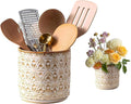 Ceramic Utensil Holder for Kitchen Counter,5.3" Farmhouse Kitchen Utensils Holder for Countertop， Handcrafted Cooking Utensil Holder with Elegant Design for Utensil Storage, Flower Vase