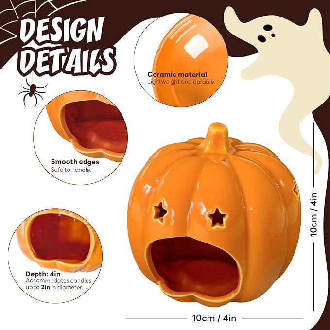 Halloween Ceramic Candle Holder Decorations Pumpkin Candle Holder Halloween Tabletop Decorative for Home Office Table Centerpiece, Cute Pumpkin Tealight Candlestick
