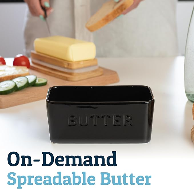 PriorityChef Extra Large Butter Dish with Lid for Countertop, Ceramic Butter Container With Airtight Cover, Butter Keeper for Counter or Fridge, Black Butter Holder Storage