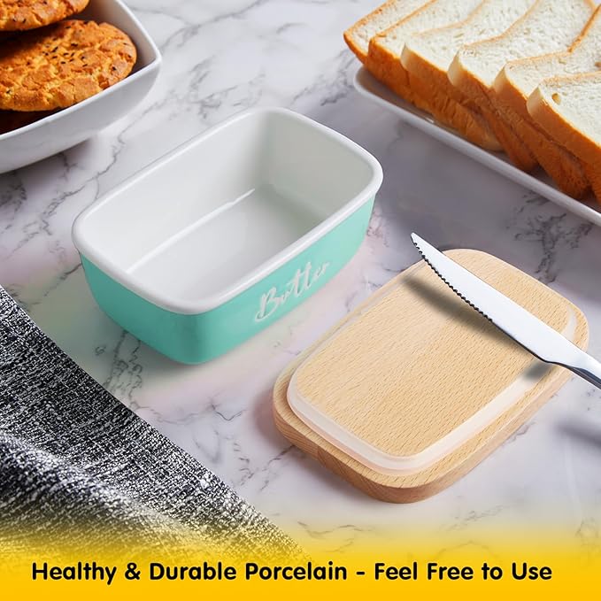 ALELION Turquoise Ceramic Butter Dish with Lid - Turquoise Kitchen Decor & Teal Kitchen Accessories for Countertop - Butter Keeper Container with Thick Beech Wood Lid - Cute Modern Farmhouse Decor