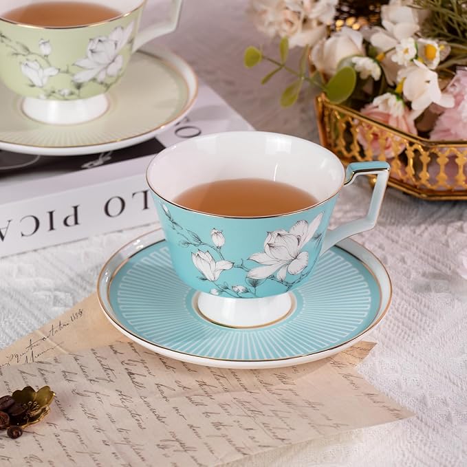 KAMMAK Ceramic Coffee Cups Saucers Set of 2, Porcelain Espresso Cups with Saucers, 8.12 oz Handcrafted Elegant Bone China Tea Cups, Blue & Sage Green Flower Teacup for Party, Office, Women Gift