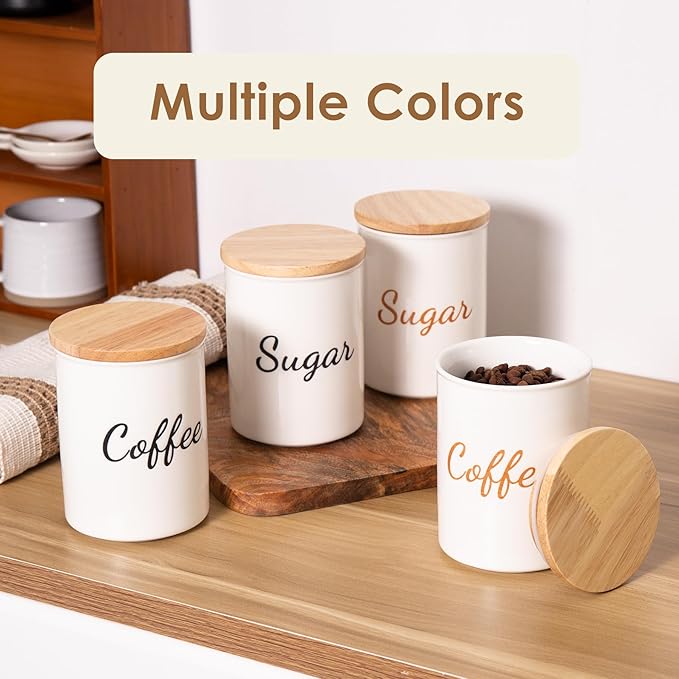 Ceramic Sugar Container With Lid, 19 Oz Small Jar, Food Storage Canister, White With Black Text