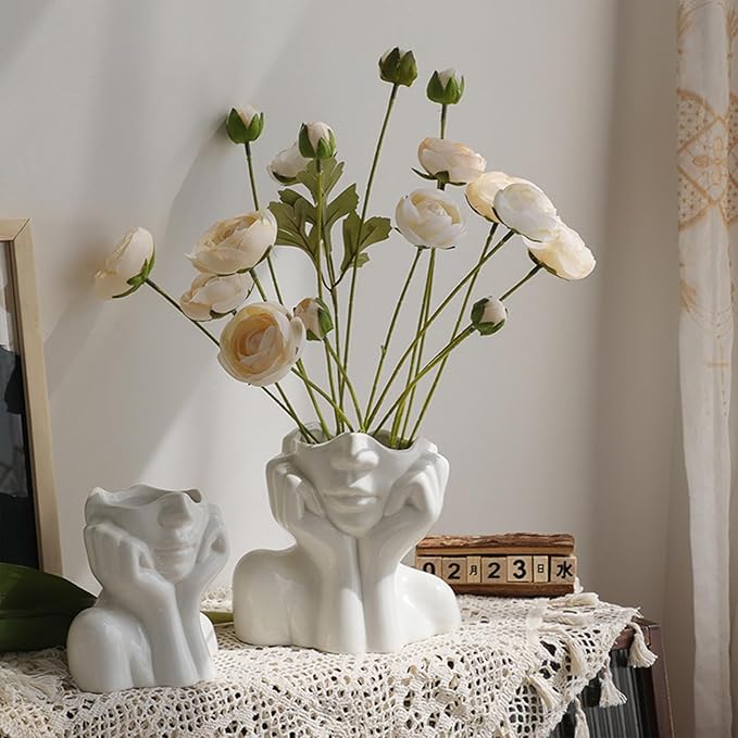 Ceramic Face Vase - Cute Half-Body Female Head Planter for Flowers, Modern Farmhouse Decor - Perfect for Desk, Table & Bookshelf, Home Accent (Large)