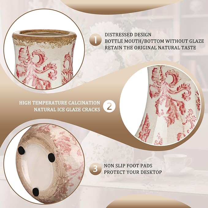 LemonRoad Vintage Ceramic Flower Vase 5.7 Inch Chinoiserie Ice Cracked Glaze Porcelain Vase Rustic Ceramic Large Centerpieces for Home Table Living Room Bookshelf Office(Paisley Style)