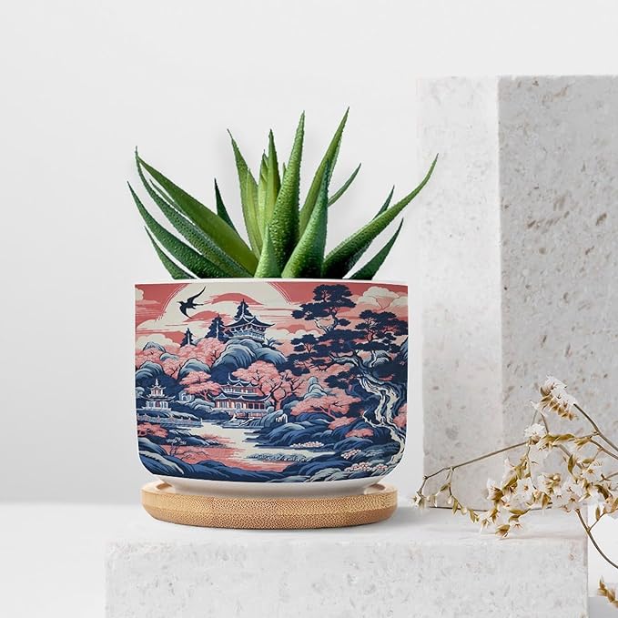 Pink Blue Chinoiserie Ceramic Planter Coral Chinoiserie Chic Asian Planters for Indoor Plants with Drainage Holes and Saucers Pot for Home Office Decoration
