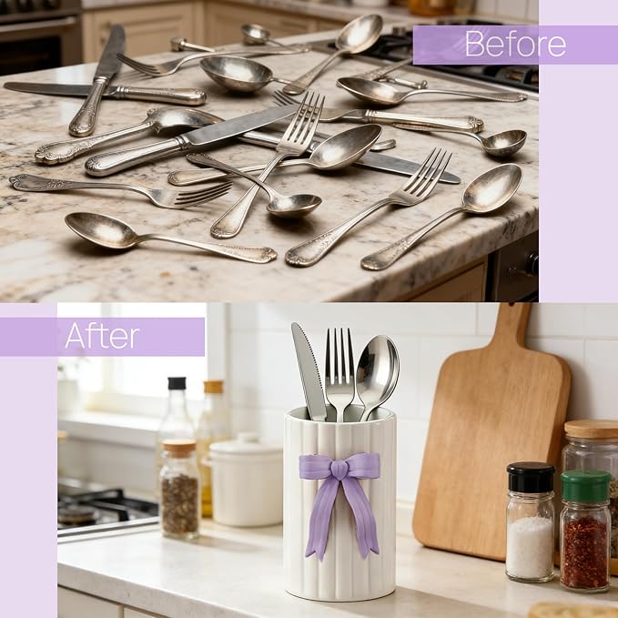 Handmade Purple Bow Ceramic Utensil Holder, 3D Coquette Cooking Utensil Crock for Kitchen Counter, Preppy Storage Caddy Organizer Vase Decor for Kitchen Countertop