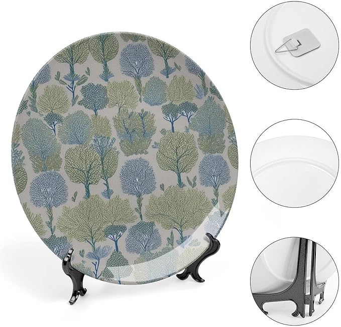 Home Decorations Fashion Plates, Green And Blue Forest Custom Christmas Gifts Design Collector Plates for Display Table Wall Decor, Including Bracket And Special Hook