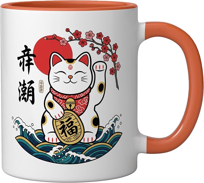 Cat Japanese Lucky Maneki Cat, Lucky Cat With & Bloss Ceramic Mug, Orange/White