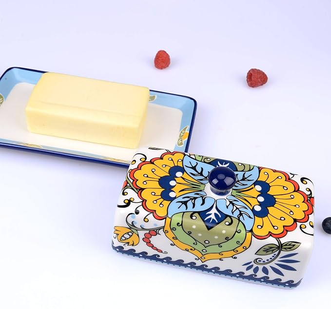 NAGU Hand Drawn Ceramic Butter Dish with Lid, Farmhouse Butter Plate Tray with Cover, Vintage Cheese Container Holder for Kitchen Countertop, Decorative Colored Country Style Home Butter Keeper Saver