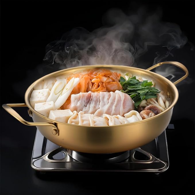 3 Pcs Korean Ramen Noodle Pot with Handles, Stainless Steel Everyday Pan, Golden Korean Cooking Pot for Soup, Noodle, Pasta, Home and Outdoor, Dishwasher Safe, Size 7", 8.7", 9.5"