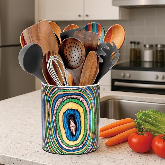 Ceramic Utensil Holder, Wooden Ringed Bohemian Kitchen Countertop Organizer for Spoons & Utensils, Farmhouse Decor for Indoor Kitchen (Round)