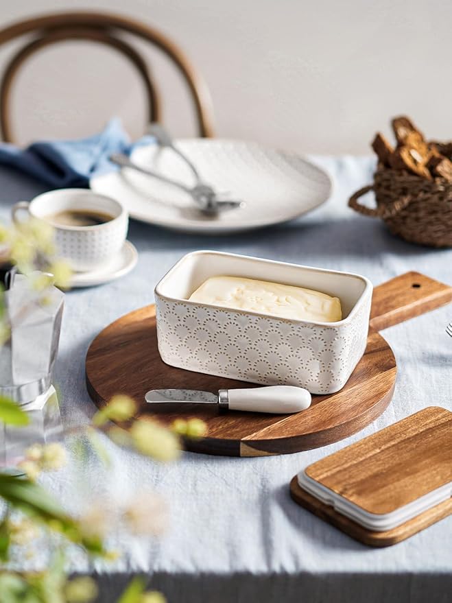LE TAUCI Butter Dish with Lid for Countertop, Ceramic Butter Container, Embossed Butter Keeper with Acacia Wood lid, Knife, and Airtight Cover, Farmhouse Decor - Set of 1, Arctic White, Fireworks