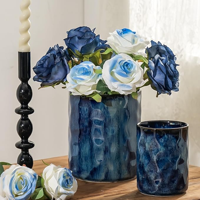 Utensil Holder, 7.25"+5.25" Ceramic Kitchen Utensil Holder for Countertop, Large Cooking Utensil Crocks Gift for Mother's Day, Home Kitchen Decor, Parties,Set of 2, Royal Blue