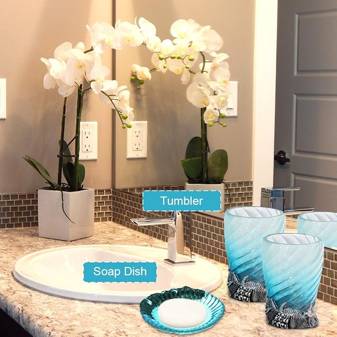 Set, 5 PCS Bath Ensemble Set Includes Soap Dispenser, Soap Dish, Tumbler, Toothbrush Holder - Polyresin Glass for Home, Office, Superior Hotel