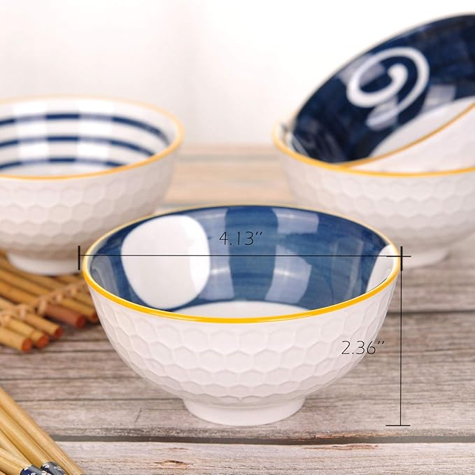 VanEnjoy Set of 4 Japanese Style Ceramic Rice Bowl with Chopsticks in Gift Box,Vintage Blue Hand Painted Pattern Bowls Set,Underglazed Dinnerware,For Dessert Snack Cereal Soup
