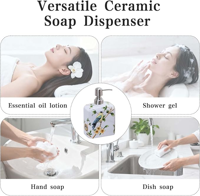 Ceramic Soap Dispenser, Decorative Flower Liquid Hand Soap Dispenser, Empty Refillable Lotion Bottle with Removable Pump for Bathroom Kitchen Countertop - White, 18.6 oz