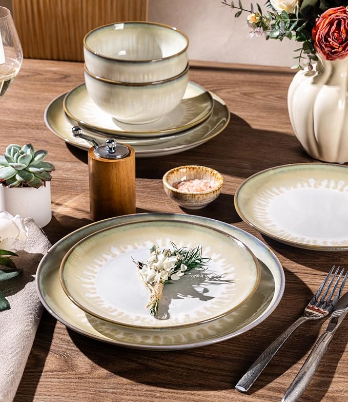 LERATIO Ceramic Dinnerware Sets for 4,Porcelain Plates and Bowls Sets,Handmade Reactive Glaze Dishes Set,Chip Resistant and Scratch Resistant | Oven&Dishwasher & Microwave Safe,Service for 4