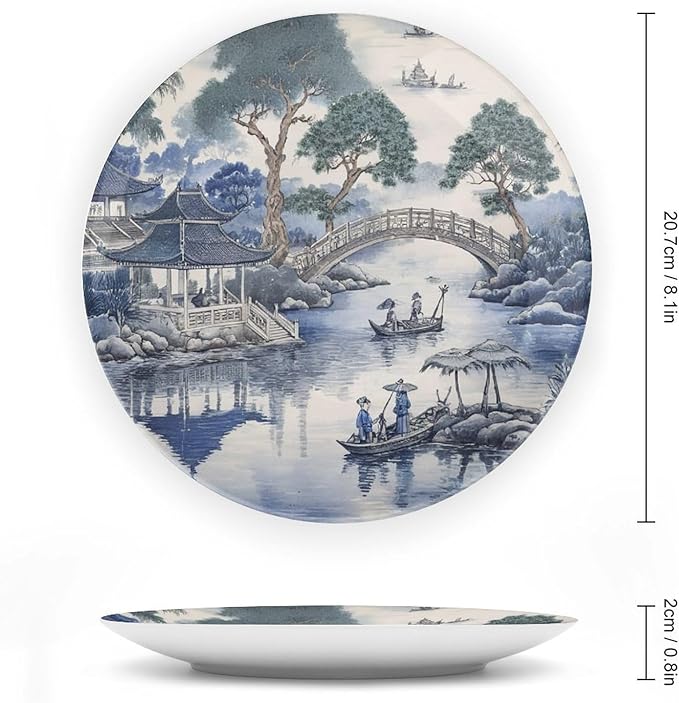 Asian Scenic in Blue And Kelly Green Chinoiserie Ceramic Decorative Plate of 6", 7", 9", 10", Personalized Ceramic Display Plate, Wall Housewarming Gifts Decorations Wedding, with Vertical Stand