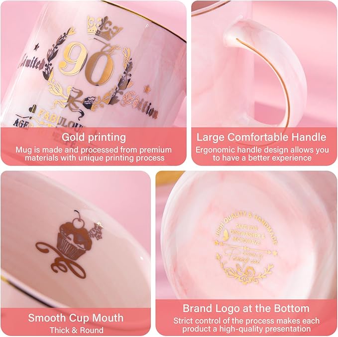90th Birthday Gifts for Women - Aged to Perfection Coffee Mug - Unique 1935 Birthday Present for Grandma Mom Wife Friend Sister, 14oz Ceramic Coffee Mug Printed Gold with Lid Spoon Card, Nice Gift Box