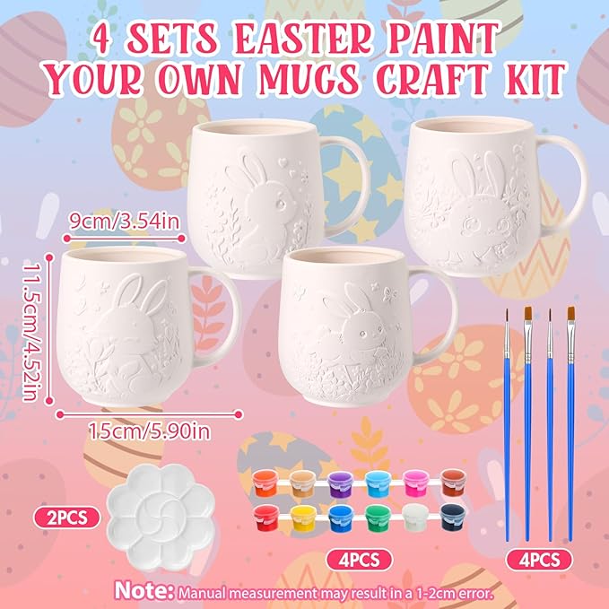 Zubebe 4 Sets Easter Paint Your Own Mugs Craft Kit, Bunny Ceramic to Paint, DIY Mugs for Adults, Festive Coffee Tea Cup for Adults with Painting Set for Easter Basket Stuffers Family Party Favors Gift