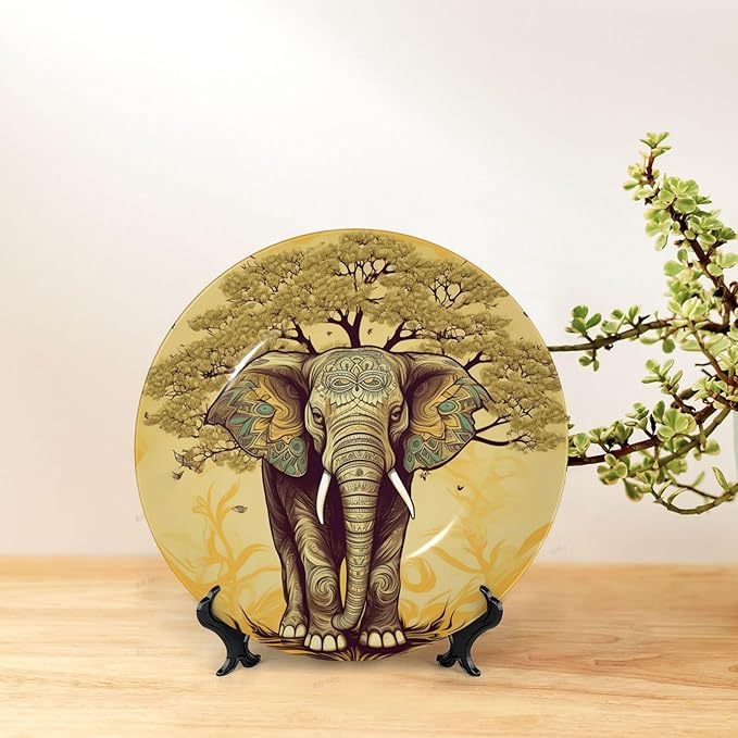 Bone China Decorative Plate with Display Asian Elephant with Tree Ceramic Plates Crafts Art Decor Dessert Plate Ceramic Ornament Porcelain Plates for Living Room Kitchen Table Home Decor