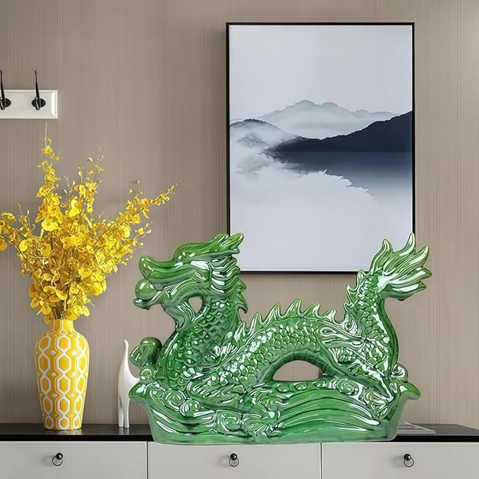 Statue Crafts Ceramic Zodiac Dragon Sculpture Asian Feng Shui Ornaments Symbolize Power and Nobility Green