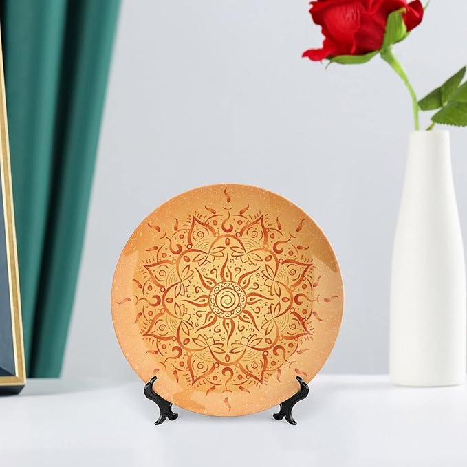 10 Inch Decorative Plate, Lotus Ceramic Stoneware, African Tribal Sun Pattern Primitive Figures Icon Print Ceramic Wall Hanging Decor Accessory for Dining Table Tabletop Home Decor, Dark Orange