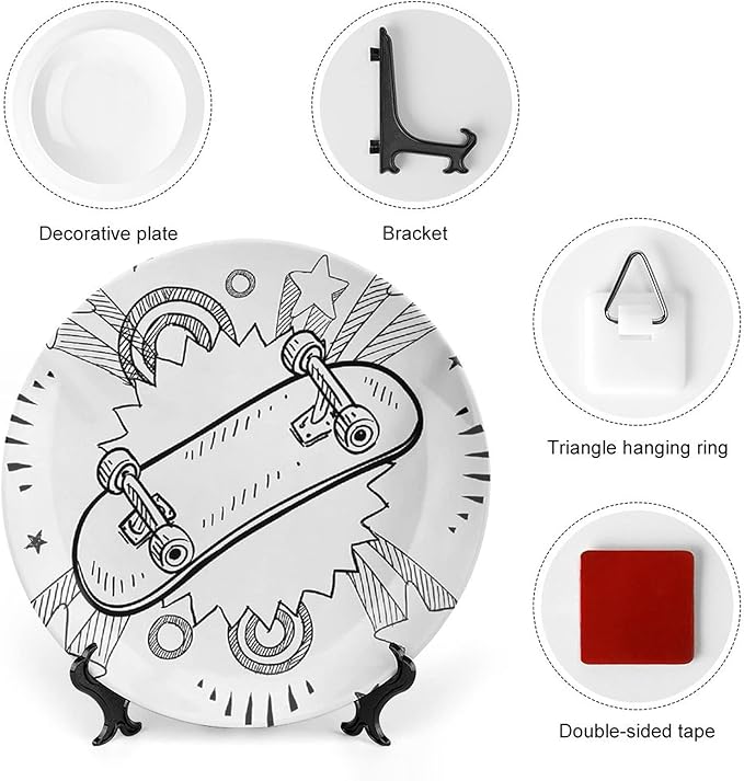 XISUNYA 7 Inch Decorative Plate, Doodle Ceramic Stoneware, Sketch of Skateboard with 60s Style Pop Art Print Ceramic Wall Hanging for Home & Office Wall Hanging Decor
