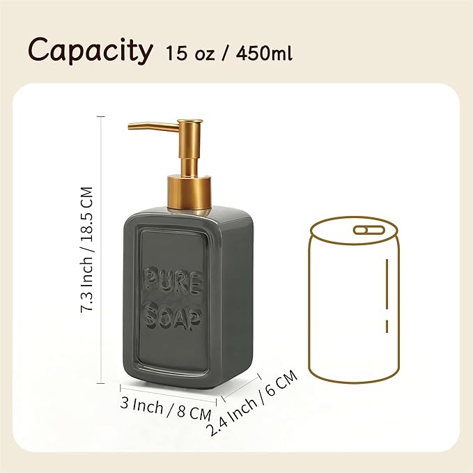 Ceramic Retro Soap Dispenser with Gold Pump, 15oz Capacity, Premium Ceramic Design for Bathroom or Kitchen (Grey)