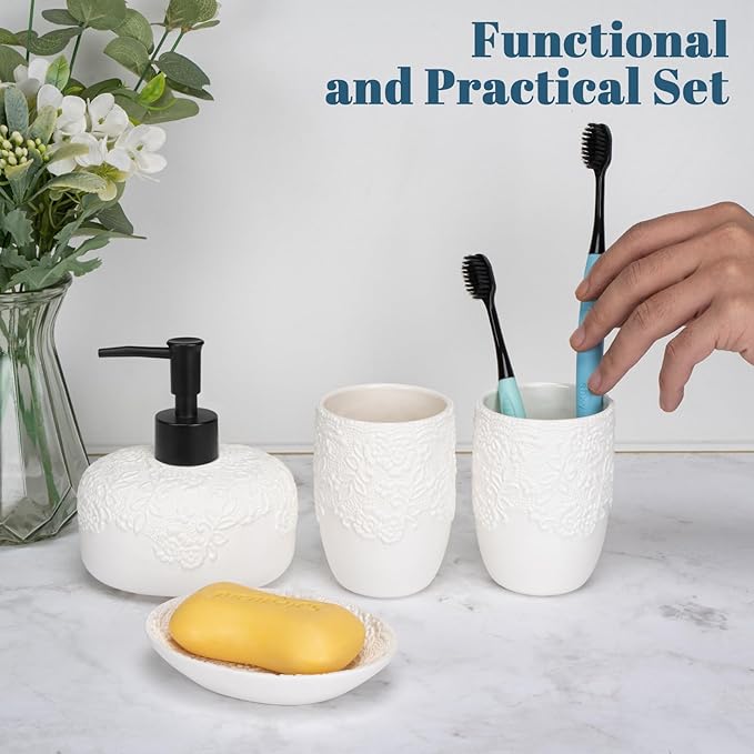 Bathroom Accessories Set, 4pcs Ceramic with Embossed Design Look Sets Bathroom Soap Dispenser 13.5oz & 2Pcs Ceramic Cup, 1Pcs Soap Dish