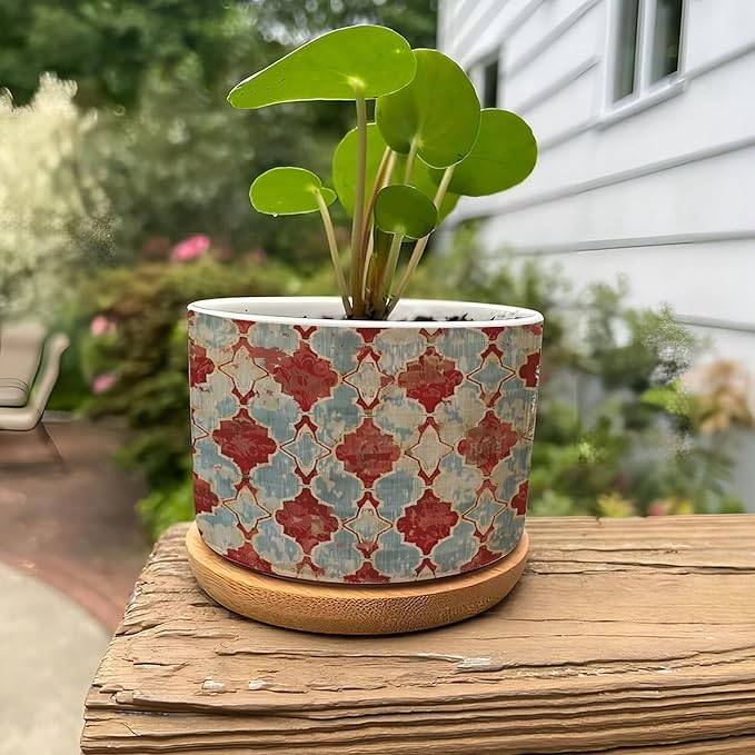 DreamAutumn Geometric Kilim Moroccan Ikat Ceramic Pots with Drainage Holes - Round Flowerpots with Bamboo Tray for Succulents and Snake Plants