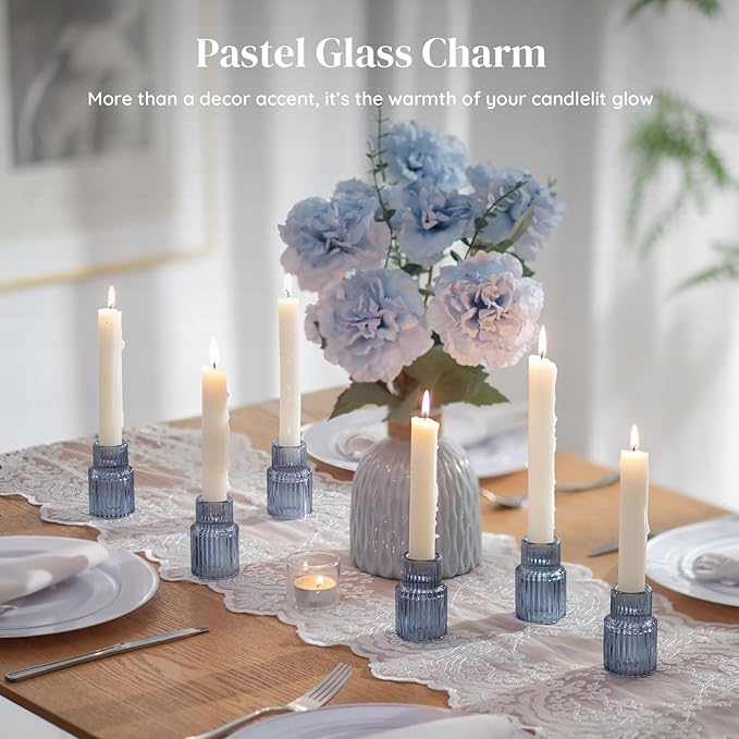 Glasseam Candle Sticks Holder Decor: Set of 20 Blue Ribbed Glass Candle Holder Modern Fluted Taper Candle Holders Bulk for Table Centerpiece Wedding Decorations Dinner Party Home Decor