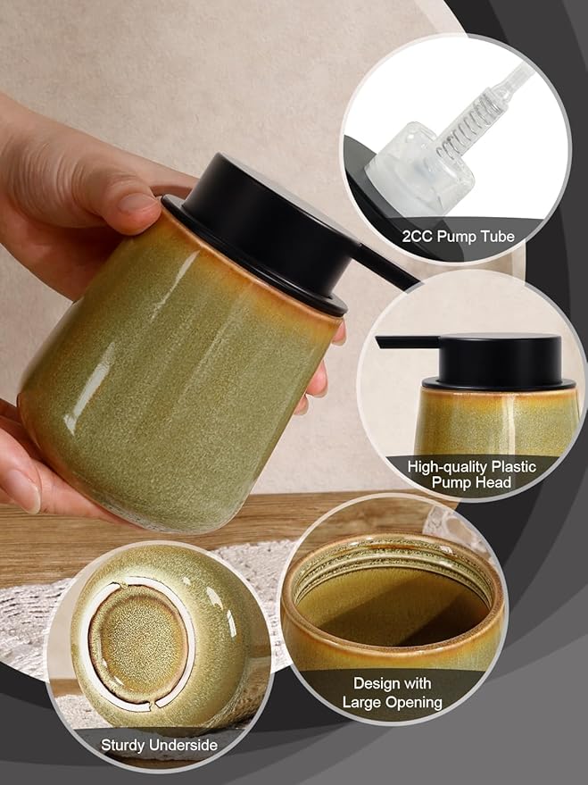 INGOFIN Ceramic Foaming Soap Dispenser - 12 oz Refillable Foam Hand Soap Dispenser Bathroom, Modern Dish Dispenser Pump for Kitchen,Kiln-Glazed Earthy Greenish-Brown