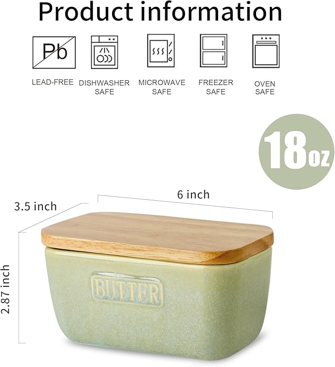 HVH Ceramic Butter Dish with Lid for Countertop, Airtight Butter Keeper with Turquoise Wooden Lid (6 x 3.5 x 2.7)