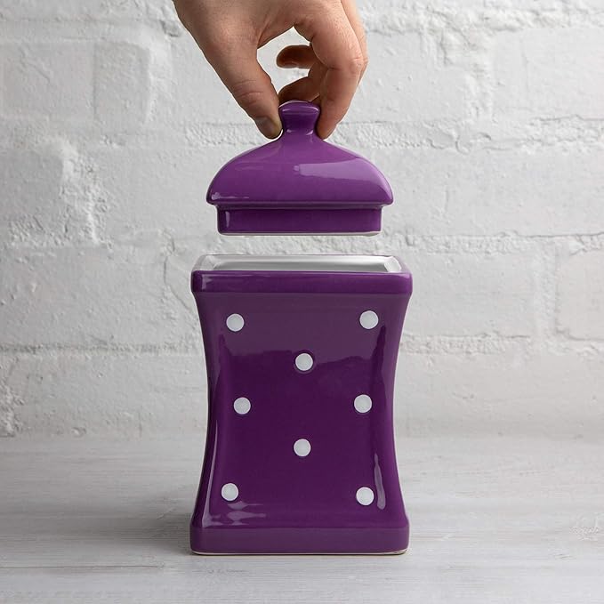 City to Cottage Handmade Purple and White Polka Dot Large Ceramic 31.5oz/900ml Kitchen Storage Jar with Lid | Pottery Canister, Cookie Jar, Housewarming Gift