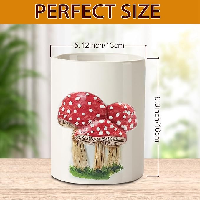 pinata Embossed Mushroom Kitchen Decor Ceramic Utensil Holder, Cute Embossed Mushroom Utensils for Farmhouse Indoor Kitchen Decorations Rustic Farmhouse Decor (6.3 inch)