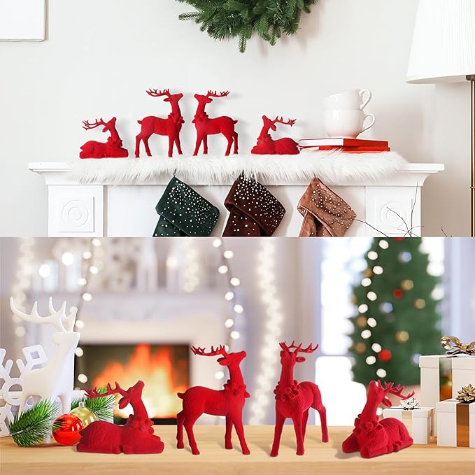 Wesiti 4 Pcs Christmas Reindeer Decor Small Artificial Red Flocked Ceramic Standing Sitting Reindeer Figurine Mini Deer Christmas Tabletop Decoration for Xmas Holiday Indoor Rustic Statue Table Decor