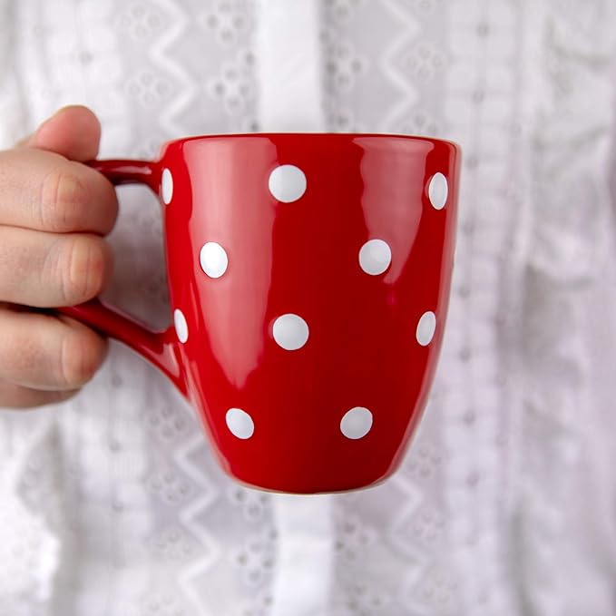 City to Cottage Ceramic Cappuccino Mug with Large Handle, 10oz Coffee Mug for Latte Hot Chocholate Tea, Daily Morning Dring at Home Office Work, Christmas Housewarming Gift Red Polka Dot