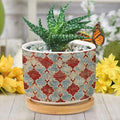 DreamAutumn Geometric Kilim Moroccan Ikat Ceramic Pots with Drainage Holes - Round Flowerpots with Bamboo Tray for Succulents and Snake Plants